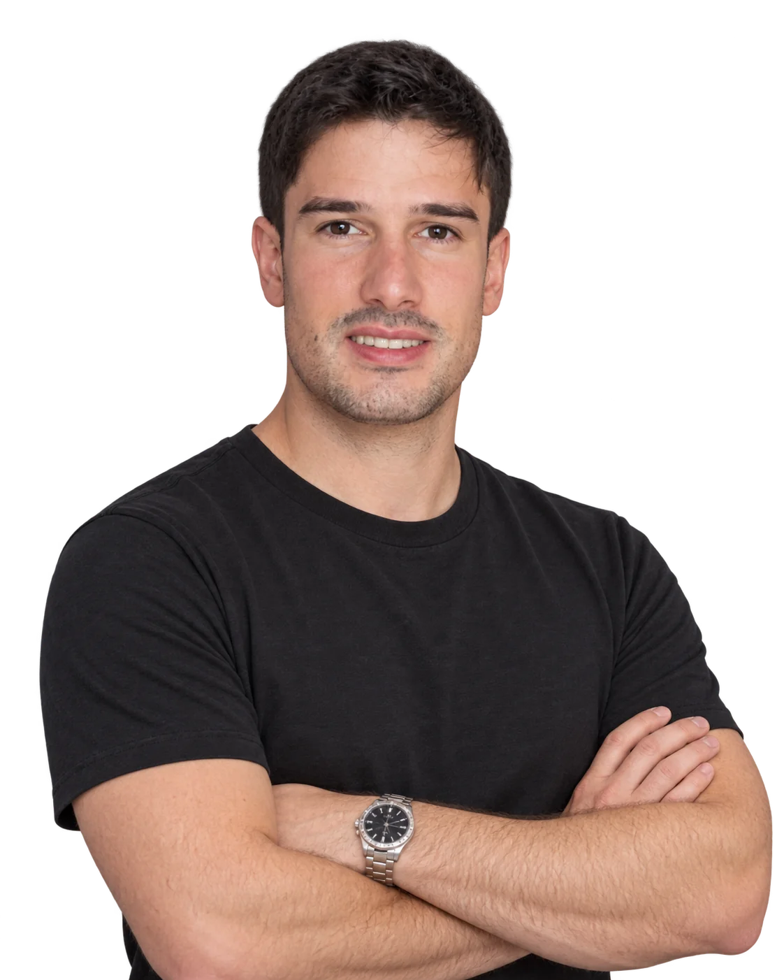 Nicolò Ferranti in a charcoal T-shirt with arms folded